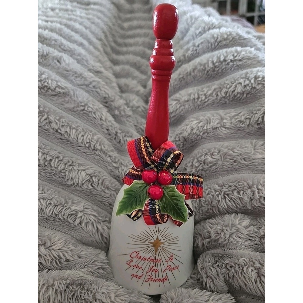Vtg Porcelain Christmas Is Love Joy Peace & FriendsBell with Holly 7" Wood Handl